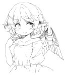  1girl animal_ears bird_ears bird_wings blush closed_mouth collarbone dress earrings eyebrows_visible_through_hair fingernails greyscale ini_(inunabe00) jewelry long_fingernails monochrome mystia_lorelei off-shoulder_dress off_shoulder sharp_fingernails short_hair short_sleeves simple_background single_earring smile solo touhou upper_body white_background wings 