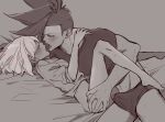  2boys androgynous aus_vaka blush bulge closed_eyes french_kiss galo_thymos highres kiss lio_fotia lying male_focus male_underwear mohawk monochrome multiple_boys on_back open_mouth promare short_hair sidecut size_difference spiked_hair sweat tongue tongue_out underwear yaoi 