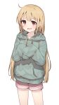  1girl :d alternate_costume blush futaba_anzu green_hoodie highres hood hoodie idolmaster idolmaster_cinderella_girls long_hair looking_at_viewer pink_shorts shone shorts simple_background sleeves_past_fingers sleeves_past_wrists smile solo straight_hair very_long_hair white_background 