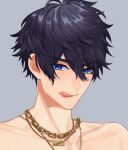  1boy blue_eyes blue_hair chain chain_necklace commission cropped grey_background indie_virtual_youtuber jewelry male_focus muscular muscular_male necklace pinchi shoto shoto_(vtuber) skeb_commission smile tongue tongue_out virtual_youtuber 