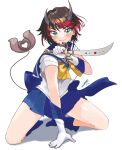  1girl bangs bishoujo_senshi_sailor_moon black_hair blue_choker blue_eyes blue_legwear blue_sailor_collar blue_skirt bow bowtie breasts choker closed_mouth cosplay dagger demon_girl demon_horns demon_tail full_body gloves highres holding holding_dagger holding_weapon horns knife large_breasts looking_at_viewer magical_girl miniskirt multicolored_hair pleated_skirt pointy_ears red_hair ryugasaki_rene sailor_collar sailor_senshi_uniform sailor_uranus sailor_uranus_(cosplay) short_hair signature skirt smile socks solo squatting sugar_lyric tail two-tone_hair virtual_youtuber weapon white_gloves yellow_bow yellow_bowtie zono_(inokura_syuzo029) 