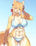  2022 5_fingers abs absurd_res ahoge anthro big_breasts bikini blonde_hair blue_eyes blush breasts brown_body brown_fur butt_from_the_front canid canine cleavage clothed clothing female fingers fox fur gloves_(marking) hair happy hi_res kemono looking_at_viewer mammal markings miyanokoko multicolored_body multicolored_fur muscular muscular_anthro muscular_female navel open_mouth open_smile portrait smile solo swimwear three-quarter_portrait white_body white_fur yellow_body yellow_fur 