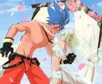  2boys absurdres androgynous aus_vaka black_gloves blue_eyes blue_hair blush crossdressing dress flower from_side galo_thymos gloves green_hair highres husband_and_husband lio_fotia looking_at_another male_focus midriff mohawk multiple_boys navel otoko_no_ko outdoors pants petals promare red_pants short_hair sidecut size_difference spiked_hair toned toned_male topless_male wedding wedding_dress yaoi 
