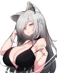  1girl absurdres animal_ear_fluff animal_ears arknights bare_shoulders black_choker black_dress black_hair breasts bright_pupils cat_ears choker cleavage closed_mouth collarbone cropped_torso dress gradient_hair grey_hair hand_in_own_hair highres holding large_breasts long_hair looking_at_viewer multicolored_hair rikuguma schwarz_(arknights) simple_background sleeveless sleeveless_dress solo white_background yellow_eyes 