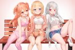  3girls :&lt; :p absurdres arm_grab arm_up bench blonde_hair blue_eyes blush breasts commission cutoffs denim denim_shorts deogho_(liujinzy9854) grey_hair hand_in_own_hair highres jacket knee_up legs long_hair midriff multiple_girls navel open_mouth original pants pink_eyes pink_hair pink_jacket pink_pants pink_sports_bra pointy_ears red_eyes red_shorts shirt shoes short_hair short_shorts shorts sitting smile sports_bra thigh_gap thighs tight tight_pants tongue tongue_out two_side_up very_long_hair white_footwear white_shirt white_sports_bra yuri 