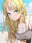  1girl aqua_eyes beach blonde_hair blue_sky blurry blush breasts cleavage cloud collarbone earrings grey_tank_top hachimiya_meguru idolmaster idolmaster_shiny_colors iwawa jewelry leaning_forward light_smile looking_at_viewer sky solo tank_top upper_body 