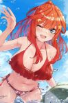  ;d arm_up artist_name ass_visible_through_thighs ball bare_arms bare_shoulders beachball bikini blue_eyes blue_sky blush breasts cleavage cowboy_shot day go-toubun_no_hanayome hair_ornament highres irarei_(araisanblog) large_breasts layered_bikini leaning_forward long_hair looking_at_viewer nakano_itsuki navel one_eye_closed open_mouth orange_hair outdoors ponytail red_bikini red_ribbon ribbon side-tie_bikini sky smile star_(symbol) star_hair_ornament swimsuit v-shaped_eyebrows wading water water_drop wet 