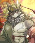  08tamagoyaki 1boy abs animal_ears animal_nose bara blush brown_hair chest_tuft detached_sleeves facial_hair furry furry_male goatee hair_between_eyes japanese_clothes kimono long_hair male_focus mature_male muscular muscular_male obliques open_clothes snout solo stomach temujin_(housamo) tokyo_afterschool_summoners tusks twitter_username upper_body wolf_boy wolf_ears yellow_eyes 