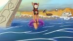  anthro ashy_(fieryashy) beach bottomless bra breasts cleavage clothed clothing covering covering_crotch covering_self female fieryashy headgear headwear hood inflatable inner_tube mammal mask sea seaside solo underwear unknown_species water 