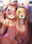  1girl :d animal animal_ears breasts commission completely_nude dog dog_ears dog_tail fang flower flower_on_head hair_flower hair_ornament highres light_brown_hair long_hair looking_at_viewer matamataro nude red_eyes skeb_commission skin_fang small_breasts smile tail v vrchat 