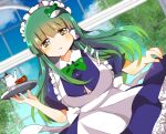  1girl alternate_costume bangs blue_dress blush bow bowtie breasts cleavage closed_mouth cowboy_shot day dress dutch_angle enmaided eyebrows_visible_through_hair frog_hair_ornament green_bow green_bowtie green_eyes green_hair hair_ornament highres holding holding_tray kochiya_sanae large_breasts light_smile long_hair looking_at_viewer maid sidelocks skirt_hold snake_hair_ornament solo teapot touhou tray zeroko-san_(nuclear_f) 