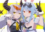 2girls ahoge animal_ears bare_shoulders black_gloves black_horns blue_hair bunny-shaped_eyewear bunny-shaped_pupils collarbone covered_collarbone demon_horns eyebrows_visible_through_hair eyes_visible_through_hair eyewear_on_head fingernails fur-trimmed_gloves fur_trim gloves gotyou grey_hair hair_between_eyes heart heart-shaped_eyewear holding holding_microphone hololive horns la+_darknesss light_blue_hair long_fingernails long_hair looking_at_viewer microphone multicolored_hair multiple_girls o-ring open_mouth orange-tinted_eyewear orange_eyes pointy_ears purple_hair rabbit_ears shiny shiny_skin sleeves_past_wrists slit_pupils streaked_hair striped_horns sunglasses symbol-shaped_pupils tinted_eyewear tongue triangle_mouth twintails upper_body usada_pekora virtual_youtuber white_hair yellow_eyes 