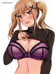  1girl absurdres angel_gabriel. arm_at_side bang_dream! bangs black_sweater blonde_hair blush bra breasts cleavage clothes_lift commentary crossed_bangs eyebrows_visible_through_hair hair_between_eyes hair_ornament hand_on_own_chest hand_up head_tilt highres ichigaya_arisa large_breasts lifted_by_self long_hair long_sleeves looking_at_viewer navel open_mouth purple_bra ribbed_sweater sidelocks simple_background sleeves_past_wrists solo stomach sweater sweater_lift turtleneck turtleneck_sweater twintails twitter_username underwear upper_body wavy_mouth white_background x_hair_ornament yellow_eyes 