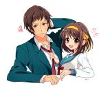  1boy 1girl :d arm_behind_head bangs blazer blue_sailor_collar brown_eyes brown_hair closed_mouth commentary_request green_jacket hair_ribbon hairband jacket kita_high_school_uniform kyon long_sleeves necktie necktie_grab neckwear_grab open_clothes open_jacket open_mouth red_necktie red_ribbon ribbon sailor_collar school_uniform serafuku shirt short_hair simple_background smile suzumiya_haruhi suzumiya_haruhi_no_yuuutsu teeth tkkr upper_body upper_teeth white_background white_shirt yellow_hairband yellow_ribbon 