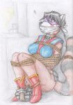  2017 absurd_res ailurid anthro arms_tied bdsm belt black_hair bomb bondage boots bottomless bound breasts butt cloth_gag clothed clothing collar colored_pencil_(artwork) domino_mask explosives feet_tied female fluffy fluffy_tail footwear gag gagged hair hands_behind_back hi_res high_heeled_boots high_heels imminent_death improvised_gag inside legs_tied long_hair long_tail looking_offscreen mammal mask otm_gag peril red_panda restraints rope rope_bondage simple_background sitting slim solo solo_focus spiritalpha stuff_gag superhero_costume tail_tied traditional_media_(artwork) utility_belt 