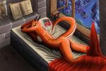  anthro bed bed_sheet bedding bedroom blanket book bra bra_aside breasts butt clothing clothing_aside dragon female fieryashy furniture horn lizard lying nude on_front orange_body panties panties_aside pillow poster raised_tail reptile river scalie side_boob solo underwear underwear_aside window 