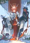  1girl absurdres alternate_costume animal animal_ears arknights armor armored_boots banner bird bird_ears boots breastplate cape fiammetta_(arknights) flower gauntlets hair_between_eyes headwear_removed helmet helmet_removed highres looking_at_viewer luren_max pauldrons red_cape red_eyes red_hair red_ribbon ribbon short_hair shoulder_armor sitting solo throne white_flower 