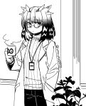  1girl arknights coat cup greyscale hand_in_pocket highres holding holding_cup id_card labcoat lanyard long_sleeves looking_at_viewer monochrome mug open_clothes open_coat owl_ears pants plant ribbed_sweater semi-rimless_eyewear short_hair silence_(arknights) sketch solo steam sweater twitter_username under-rim_eyewear yom_(ymayma00ss) 