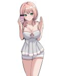  1girl bang_dream! bangs blush breasts camisole cellphone cleavage closed_mouth collarbone cowboy_shot eyebrows_visible_through_hair green_eyes grey_camisole grey_shorts hands_up highres holding holding_phone large_breasts lifted_by_self long_hair looking_at_viewer loungewear low_twintails phone pink_hair ptal selfie short_shorts short_twintails shorts simple_background smartphone smile solo spaghetti_strap standing strap_lift striped striped_camisole striped_shorts twintails uehara_himari white_background 