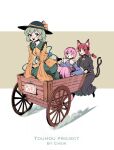  3girls :d animal_ears black_headwear blue_shirt blush bow braid cat_ears cat_tail chenwei_jun dress eyebrows_visible_through_hair green_eyes green_hair ground_vehicle hair_bow hat hat_bow heart highres kaenbyou_rin komeiji_koishi komeiji_satori long_hair long_sleeves looking_at_viewer multiple_girls nekomata open_mouth pink_hair red_hair shirt short_hair sitting skirt smile tail third_eye touhou twin_braids wheelbarrow wide_sleeves yellow_shirt 