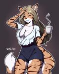  absurd_res anthro bottomwear clothing coffee_mug felid feline female fluffy fluffy_tail hi_res looking_at_viewer mammal one_eye_closed pantherine pinup pose shirt shorts smile smirk solo tiger topwear welive wink 