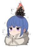  1girl blue_hair burning cropped_torso dot_mouth expressionless eyebrows_visible_through_hair fire gamuo pinecone purple_eyes scarf shima_rin sidelocks simple_background sketch solo sparkle striped striped_scarf upper_body white_background winter_clothes yurucamp 