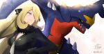  1girl black_coat blonde_hair breasts cleavage closed_mouth coat commentary cynthia_(pokemon) dessymus fur-trimmed_coat fur_collar fur_trim garchomp grey_eyes hair_ornament hair_over_one_eye highres long_hair pokemon pokemon_(creature) pokemon_(game) pokemon_dppt signature smile v-neck 