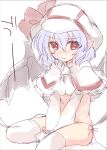  1girl ascot bangs bat_wings between_legs blush capelet closed_mouth eyebrows_visible_through_hair hair_between_eyes hand_between_legs hat hat_ribbon light_purple_hair looking_at_viewer mob_cap panties paragasu_(parags112) red_eyes red_ribbon remilia_scarlet ribbon short_hair side-tie_panties simple_background sitting solo thighhighs touhou underwear v_arms wariza wavy_hair white_ascot white_background white_headwear white_legwear wings 