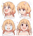  1girl :t anger_vein blonde_hair blush blush_stickers brown_eyes closed_eyes cropped_torso crying double_v expressions futaba_anzu happy heart idolmaster idolmaster_cinderella_girls long_hair low_twintails mirakichi multiple_views nose_blush open_mouth shirt simple_background single_bare_shoulder smile sparkle streaming_tears sweat t-shirt tearing_up tears twintails upper_body v wavy_mouth white_background white_shirt 