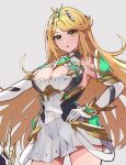  1girl aegis_sword_(xenoblade) bangs bare_shoulders blonde_hair breasts chest_jewel cleavage cleavage_cutout clothing_cutout dress earrings elbow_gloves gem gloves headpiece highres hirotaka_(hrtk990203) jewelry large_breasts long_hair mythra_(xenoblade) short_dress swept_bangs tiara very_long_hair white_dress white_gloves xenoblade_chronicles_(series) xenoblade_chronicles_2 yellow_eyes 