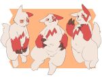  ambiguous_gender belly black_claws claws fluffy fluffy_tail fur hands_on_belly maguro_965 markings navel nintendo pink_sclera pok&eacute;mon pok&eacute;mon_(species) red_body red_fur red_markings simple_background slightly_chubby smile solo tongue tongue_out video_games white_body white_fur zangoose 
