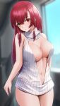  1girl :o absurdres arm_behind_back backwards_virgin_killer_sweater bangs bare_shoulders blurry blurry_background breasts cowboy_shot eyebrows_visible_through_hair hair_between_eyes hair_down heterochromia highres hololive houshou_marine indoors laimer large_breasts long_hair looking_at_viewer meme_attire navel no_pants parted_lips red_eyes red_hair solo stomach straight_hair sweater thighs turtleneck turtleneck_sweater virtual_youtuber white_sweater yellow_eyes 