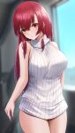  1girl :o absurdres arm_behind_back bangs blurry blurry_background breasts cowboy_shot eyebrows_visible_through_hair hair_between_eyes hair_down heterochromia highres hololive houshou_marine indoors laimer large_breasts long_hair looking_at_viewer meme_attire no_pants parted_lips red_eyes red_hair solo straight_hair sweater thighs turtleneck turtleneck_sweater virgin_killer_sweater virtual_youtuber white_sweater yellow_eyes 