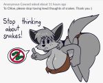  anthro big_breasts big_butt bottomwear bra breasts butt canid canine canis chloe_(iamaneagle) clothing english_text female finger_wag freckles fur gesture grey_body grey_fur hi_res humor loincloth mammal meme multicolored_body multicolored_fur outletdraws simple_background simple_eyes speech_bubble stop_thinking_about_sex text thick_thighs two_tone_body two_tone_fur underwear white_background wolf 