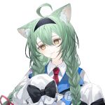  1girl :3 ahoge akashi_(azur_lane) akashi_(welcome_to_sofmap!)_(azur_lane) animal_ear_fluff animal_ears azur_lane black_skirt braid cat_ears green_eyes green_hair hair_ribbon hairband highres kneeling long_hair long_sleeves looking_at_viewer mole mole_under_eye necktie red_necktie ribbon skirt sleeves_past_fingers sleeves_past_wrists solo tapioga2 twin_braids upper_body white_background zoom_layer 