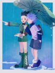  2boys backpack bag black_hair blue_footwear fishing_rod giant_leaf gon_freecss green_footwear hand_in_pocket highres hunter_x_hunter killua_zoldyck male_focus map multiple_boys pointing rain smile spiked_hair thicopoyo white_hair 