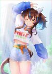  1girl animal_ears arm_up bangs bead_necklace beads belt blue_hair blue_shirt blurry blurry_background blush building cowboy_shot crop_top crop_top_overhang cutoffs daitaku_helios_(umamusume) day ear_covers grin hair_ornament hairclip highres horse_ears horse_girl horse_tail jewelry long_hair long_sleeves looking_at_viewer midriff multicolored_hair necklace one_eye_closed outdoors peteron shirt short_sleeves shorts side_ponytail skyscraper sleeves_past_wrists smile solo streaked_hair tail teeth torn_clothes torn_shorts two-tone_hair umamusume w white_shirt 