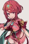  1girl bangs black_gloves breasts chest_jewel earrings fingerless_gloves gem gloves headpiece highres hirotaka_(hrtk990203) jewelry large_breasts pyra_(xenoblade) red_eyes red_hair red_legwear red_shorts short_hair short_shorts shorts solo swept_bangs thighhighs tiara xenoblade_chronicles_(series) xenoblade_chronicles_2 
