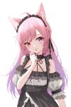  ahoge animal_ears bangs black_dress black_ribbon braid cat_ears collar cowboy_shot dreamoon dress eyebrows_visible_through_hair frilled_collar frilled_skirt frilled_straps frills hair_ribbon hand_on_own_chin heterochromia highres indie_virtual_youtuber lolita_fashion looking_at_viewer mikeneko_(utaite) multicolored_hair pink_hair puffy_short_sleeves puffy_sleeves purple_eyes red_eyes ribbon short_sleeves simple_background skirt tongue tongue_out virtual_youtuber white_background 