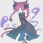  1girl :d adapted_costume animal_ears bangs bare_shoulders black_bow blush bow braid cat_ears cat_tail dress extra_ears eyebrows_visible_through_hair fang feet_out_of_frame floating_skull grey_background hair_bow highres hitodama kaenbyou_rin leg_ribbon long_hair m_(m073111) multiple_tails nekomata open_mouth red_hair ribbon simple_background smile solo tail touhou twin_braids twintails two_tails 