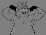  2021 ailurid anthro big_breasts breasts cleavage clothed clothing female flexing flexing_both_biceps gloves_(marking) hair huge_breasts hyper hyper_breasts long_hair mama_panda mammal markings monochrome muscular muscular_arms muscular_female rapidpanda_(artist) red_panda sketch smile solo 