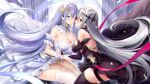  2girls armor azur_lane back bare_shoulders black_dress black_legwear blue_eyes breasts cleavage detached_collar detached_sleeves dress dual_persona emden_(azur_lane) faulds floating_hair flower flower_over_eye grey_hair highres large_breasts long_hair long_sleeves looking_at_another multiple_girls open_mouth red_eyes red_ribbon ribbon rose silveroid skindentation strapless strapless_dress thigh_strap thighhighs thighs tongue tongue_out very_long_hair white_dress white_hair white_legwear zettai_ryouiki 