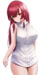  1girl :o absurdres arm_behind_back bangs breasts cowboy_shot eyebrows_visible_through_hair hair_between_eyes hair_down heterochromia highres hololive houshou_marine laimer large_breasts long_hair looking_at_viewer meme_attire no_pants parted_lips red_eyes red_hair simple_background solo straight_hair sweater thighs turtleneck turtleneck_sweater virgin_killer_sweater virtual_youtuber white_background white_sweater yellow_eyes 