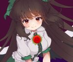  1girl bangs blush bow breasts brown_hair cape eyebrows_visible_through_hair green_bow green_skirt hair_bow iris_anemone light_smile long_hair looking_at_viewer medium_breasts puffy_short_sleeves puffy_sleeves red_eyes reiuji_utsuho shirt short_sleeves simple_background skirt solo touhou upper_body very_long_hair white_cape white_shirt 