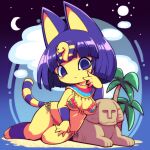  1girl :&lt; animal_crossing animal_ears ankha_(animal_crossing) bangs barefoot bikini blue_eyes blue_hair blunt_bangs blush_stickers breasts cat_ears cat_girl cat_tail cleavage colored_skin egyptian furry furry_female looking_at_viewer lying micro_bikini nollety on_side palm_tree short_hair solo sphinx striped_tail swimsuit tail thighs tree yellow_skin 