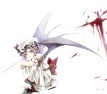  1girl bat_wings blood blood_on_clothes blood_on_face blood_on_hands blood_splatter bow dress gorilla_(bun0615) hat hat_ribbon highres looking_at_viewer mob_cap puffy_sleeves red_eyes remilia_scarlet ribbon short_hair short_sleeves solo touhou wings 