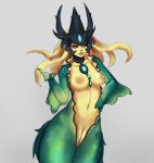 2022 breasts clothing female front_view genitals green_body green_scales grey_background hand_on_hip headgear headgear_only headwear headwear_only hi_res humanoid league_of_legends marine merfolk mostly_nude nami_(lol) nipples portrait pussy riot_games scales simple_background solo split_form three-quarter_portrait video_games zelles 