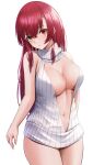  1girl :o absurdres arm_behind_back backwards_virgin_killer_sweater bangs bare_shoulders breasts cowboy_shot eyebrows_visible_through_hair hair_between_eyes hair_down heterochromia highres hololive houshou_marine laimer large_breasts long_hair looking_at_viewer meme_attire navel no_pants parted_lips red_eyes red_hair simple_background solo stomach straight_hair sweater thighs turtleneck turtleneck_sweater virtual_youtuber white_background white_sweater yellow_eyes 