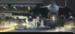  1girl aircraft airplane antares_cao blonde_hair chain-link_fence commentary_request driving fence fighter_jet ground_vehicle hangar headlight highres jet light long_hair military military_vehicle motor_vehicle original runway solo su-47_berkut trailer truck wide_shot 
