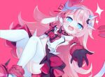 1girl :d armpits asymmetrical_gloves bangs bare_shoulders black_gloves dress gloves hair_ornament highres honkai_(series) honkai_impact_3rd horns long_hair looking_at_viewer mismatched_gloves open_mouth pink_background pink_hair rozaliya_olenyeva simple_background single_horn sleeveless sleeveless_dress smile solo tail thighhighs white_gloves white_legwear yinpa_(wanone500511) 